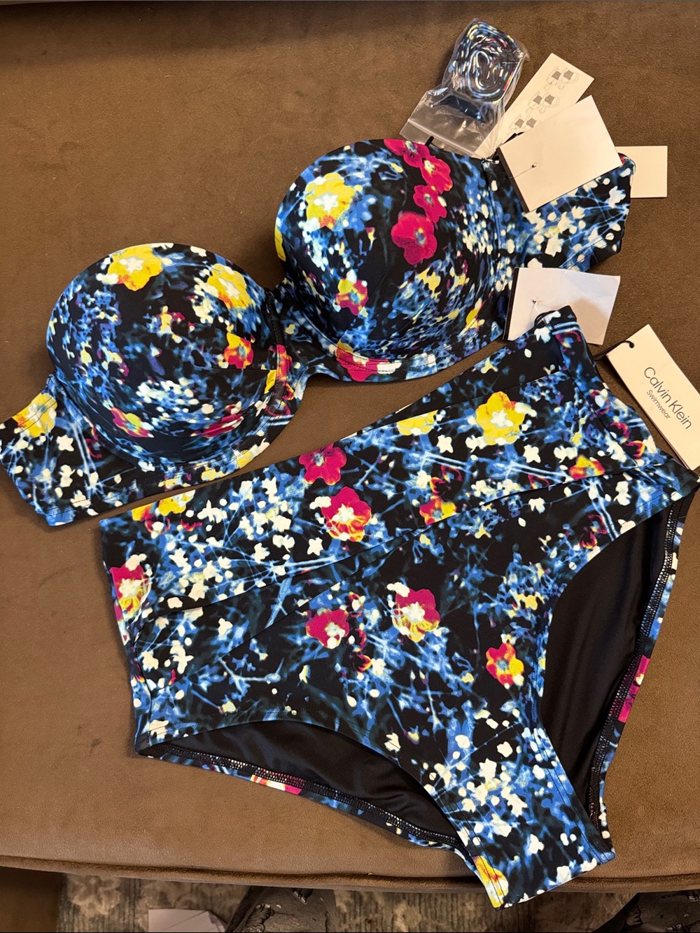 Calvin Klein Black Floral Two-Piece Bikini with Blue, Yellow & Pink Accents